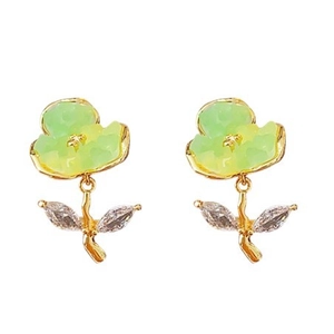 Elegant gold-plated flower stud earrings with green petals and white crystal leaves