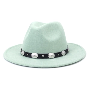 Light green wool fedora hat with black leather belt and vintage silver metal studs decoration