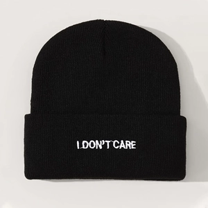 Beanie Mütze Acryl Winter Warm Bestickt I Don't Care Brief Umgeschlagene Strickmütze Casual Streetwear Herren Damen