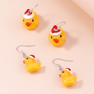 Cute yellow duck earrings with Christmas hats and red bow ties for women and girls