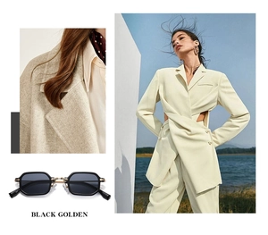 Detailansicht der Vintage-Sonnenbrille in Schwarz-Gold mit modischer Lifestyle-Bildcollage