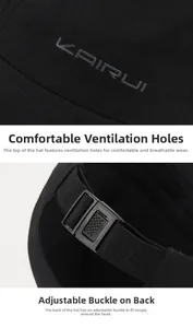 Dettaglio del cinturino regolabile e dei fori di ventilazione del cappello nero