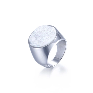 Polished silver stainless steel signet ring with a white druzy crystal stone inlay