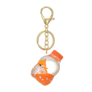 Creative orange fox acrylic liquid keychain with soda bottle shape and golden ring