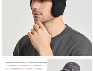Détail du bonnet en maille gris foncé pour hommes avec protège-oreilles et tour de tête 55-60cm