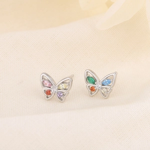 Exquisite S925 silver butterfly stud earrings with colorful marquise-cut zircon stones