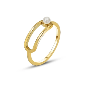 Minimalist gold-plated stainless steel geometric ring with white pearl on white background