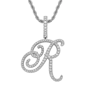 Close-up of hip hop cursive letter R pendant with sparkling pavé cubic zirconia and rope chain