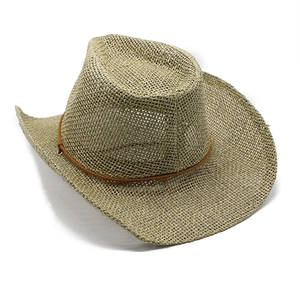 Handwoven straw cowboy hat with wide brim and hollow weave for breathable sun protection