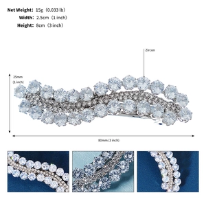 Macro detail of silver hair clip with zircon inlay and wave pattern dimensions