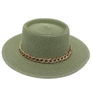 Elegant green boater straw hat featuring a stylish gold acrylic chain decoration