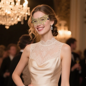 Close-up of gold lace masquerade mask worn by a model in a luxury ballroom setting