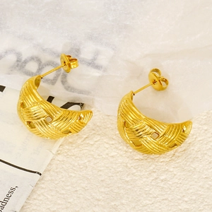 Golden crescent hoop earrings with woven texture and vintage minimalist design