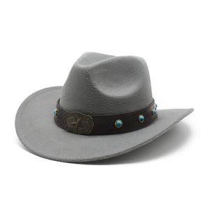 Detail of grey wool felt cowboy hat with leather band, turquoise beads and star metal buckle