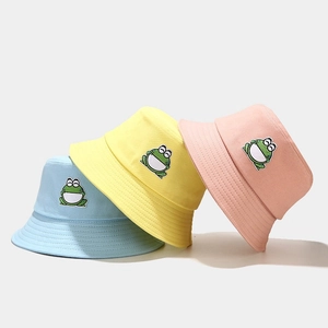 Cute cartoon frog embroidery bucket hat for sun protection in blue, yellow and pink