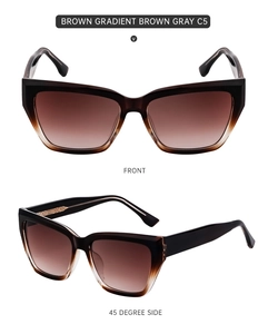 Front and side views of brown gradient cat-eye sunglasses with detailed C5 frame