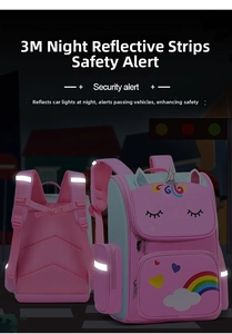 Close-up of 3M reflective safety strips on pink unicorn school backpack straps