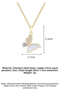 Detailed close-up of a butterfly pendant with zircon and mother of pearl on a chain