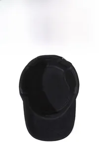 Close-up of black winter cap with thick fleece lining and warm ear protection flaps