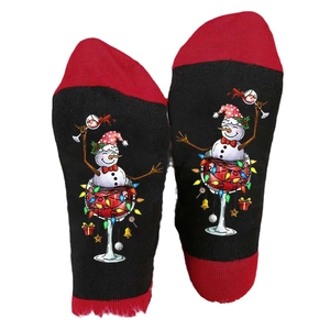 Christmas cotton crew socks featuring festive snowman and wine glass pattern on white back