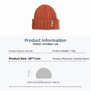 Detailed size specification for the warm orange knitted hat with ear protection