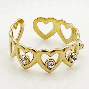Gold stainless steel open heart ring with sparkling crystal zircons in a hollow chain design