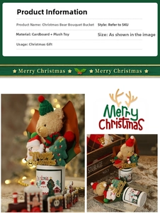 Detailed view of Christmas plush bear bouquet in festive cardboard gift cylinder