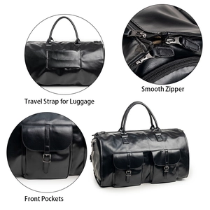 Borsa porta abiti pieghevole in pelle nera con fascia per trolley e tasche anteriori