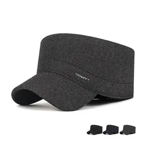 Men Winter Cadet Cap Polyester Fleece Lined With Ear Flaps Windproof Warm Flat Top Hat Adjustable Sport Metal Tag