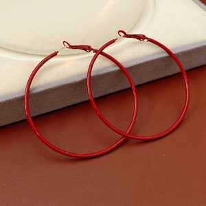 Detailed close-up of glossy red round hoop earrings resting on a jewelry box