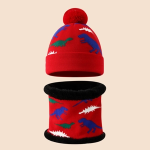 Red kids winter knitted hat and scarf set with colorful jacquard dinosaur patterns