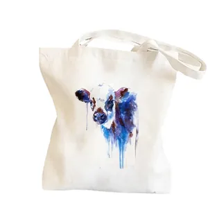 Minimalist white canvas tote bag with cute watercolor cow print and large capacity