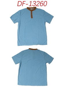 Front and back views of a men's light blue waffle texture Henley shirt with brown contrast trim