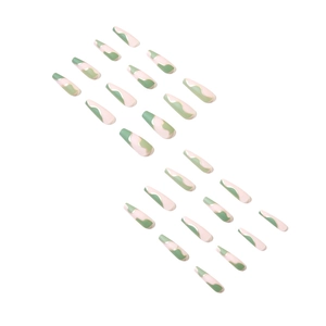 Sage green and nude pink French press-on nails with wave pattern