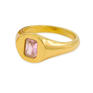 Polished gold stainless steel signet ring with a faceted pink rectangular gemstone center