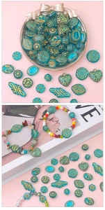 Detailed view of vintage baroque teal resin beads with gold patterns for DIY jewelry craft