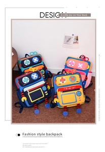 Detailed view of four colorful robot-themed kids backpacks with retro gaming button motifs