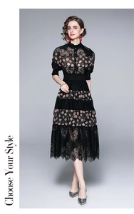 Detail of elegant black lace A-line dress with dot embroidery and stand-up collar