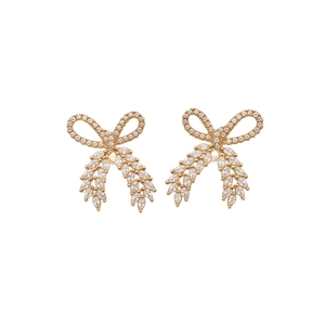 Elegant gold-plated bow earrings with white marquise zircons and stud backings