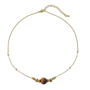 Collier rétro français en acier titane avec pierre œil de tigre et perles dorées