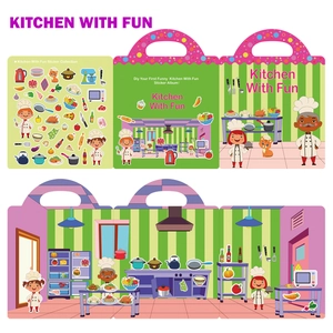 Detailed view of reusable kitchen-themed stickers and foldable scene book for kids
