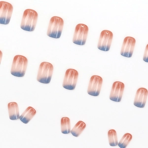 Square Morandi gradient press-on nails in peach pink and hazy blue with glossy finish