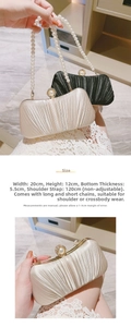 Size chart for evening bag with 20cm width, 12cm height, and 120cm chain strap details