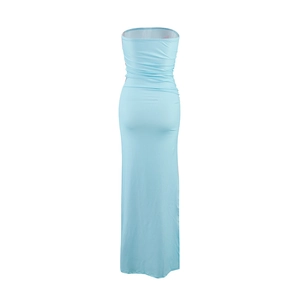 Detail view of the back of a light blue strapless maxi dress with ruched bodycon design