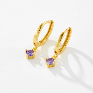 Minimalist gold hoop earrings featuring square prong-set purple gemstone pendants on white