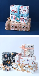 Detail of cartoon cat wrapping paper with Especially For You ribbon and elegant gift boxes