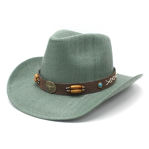 Cappello Da Cowboy In Paglia Tesa Larga Protezione Solare Retrò Etnico Testa Di Toro Perline In Legno Unisex Spiaggia