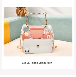 Size comparison of daisy transparent PVC bag with a phone and cat ear handles