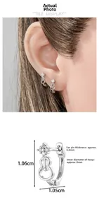 Violin shaped silver earrings with crystal inlay and detailed dimensions of the inner hoop
