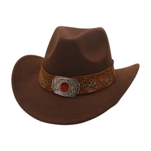 Detail of western cowboy hat with turquoise embroidery and vintage buckle with red gem